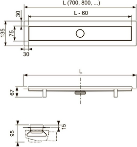 Дренажный канал 600мм, готовый компл, сифон выпуск гориз., ножки, с основой для плитки "tile" и панелью "steel" 2 в 1, Tecelinus ZZ Tece TECElinus 15103069