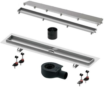 Дренажный канал 600мм, готовый компл, сифон выпуск гориз., ножки, с основой для плитки "tile" и панелью "steel" 2 в 1, Tecelinus ZZ Tece TECElinus 15103069