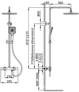 Смеситель-термостат для ванны(душа), со стационарным верхн.душем 25х25см., душевая лейка, шланг в компл., (цв.вороненая сталь),  ZZ Vincea Next VSFS-1N0TGM