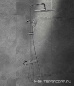 Смеситель-термостат для ванны(душа), со стационарным верхн.душем 25х25см., душевая лейка, шланг в компл., (цв.вороненая сталь),  ZZ Vincea Next VSFS-1N0TGM