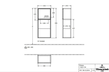 Шкаф боковой 418хh936х270мм,1 дверца распашн., петли слева,1 стекл. полка, подсветка, (цв.полки, фасада и корпуса GF Glossy White Lacquer),  ZZ Villeroy & Boch Finion F500GFGF