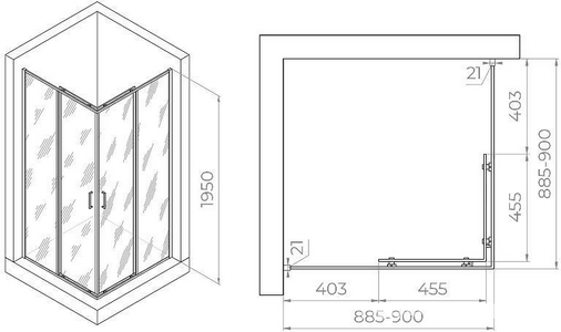 Душевой уголок, квадрат 900х900хh1950мм, сдвижн.двери, правая/левая, (фурнитура цв.хром, стекло матовое сатинат 6мм Easy Clean), Passage ZZ RGW Универсал 3508103099-21