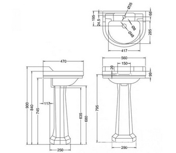 Раковина 56х47хh90см, с 1 отв.д/смесит., пьедестал в компл.,  ZZ Burlington Edwardian B6+P1