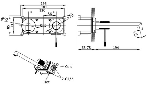 Смеситель для раковины, встраиваемый в стену, внутрен. часть в компл., (цв.брашированное золото),  ZZ Vincea Desire VBFW-1D1BG