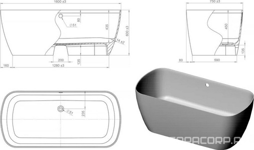 Ванна отдельностоящая 1600x750xh600мм, без слива-перелива, литой мрамор цв.белый глянец.,  ZZ Астра-Форм Антарес Ванна Антарес, литой мрамор 1600х750