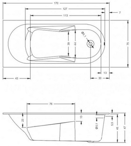 Ванна 170х75см, без ножек/рамы, панелей, слива-перелива, (акрил цв.белый),  ZZ Riho Lazy B078001005