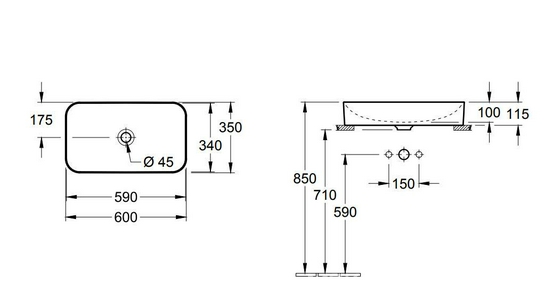 Раковина 600х350хh115мм, прямоуг., накладная, (незапираемый клапан с керамич.крышкой слива, крепёж в компл.), (цв. R2 Star white cer+),  ZZ Villeroy & Boch Finion 414361R2