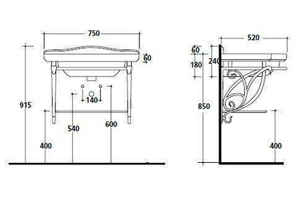 Структура подвесная для раковины 75см, с полотенцедержателем и полкой-решёткой (металл цв. алюминий античный), крепёж в компл.,  ZZ Galassia Ethos 8463