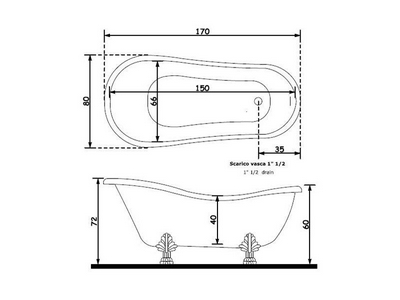 Ванна 1700х800хh720(600)мм, акрил, отдельностоящая, ножки "Львиные лапы", слив-перелив в компл., (цв. хром),  ZZ Treesse Epoca V5071 cromo
