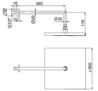 Душ верхний, стационарный, лейка квадратная 300мм, стеновой кронштейн 360мм, G1/2, декор. накладка в компл., (цв. хром), Quadra / X-Change 3М ZZ 3M Showers 6515 CC