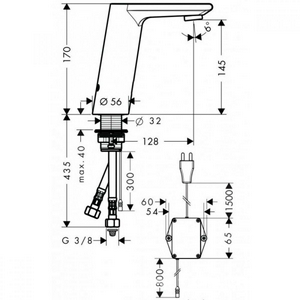 Смеситель для раковины электронный, питание от сети 230V, с ручн. регул. темп., без д/к, (цв.хром),  ZZ Hansgrohe Metris S 31102000