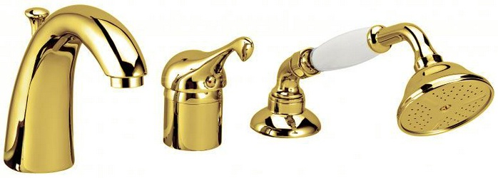 Смеситель для ванны, встраиваемый  в борт на 3 отв., лейка, шланг д/д в компл., (цв. золото) Piccadilly ZZ