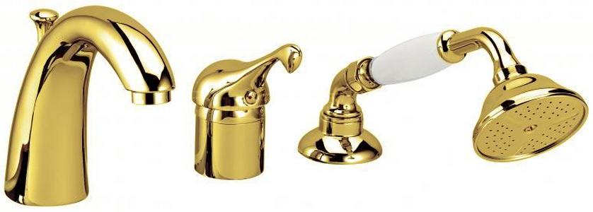 Смеситель для ванны, встраиваемый  в борт на 3 отв., лейка, шланг д/д в компл., (цв. золото)  ZZ 3M Piccadilly 2165 DD