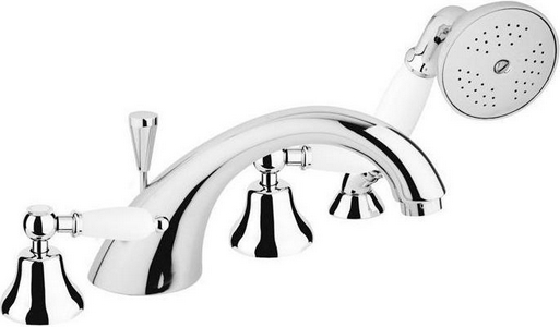 Смеситель для ванны, врезной на борт, на 4 отв., шланг, лейка в компл., (цв. хром, ручки белые),  ZZ Cezares First FIRST-BVD-01-Bi