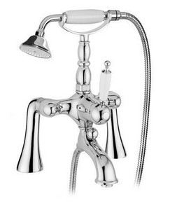 Смеситель для ванны, напольный, трубы 2шт., крепёж к сифону, лейка, шланг, кронштейн в компл., (цв. хром, ручка цв. белый),  ZZ Gaia Canterbury RB 6300/C CR