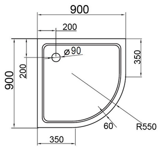 Поддон душевой 900х900h130мм, 1/4 круга, R550мм, отв. слива 90мм, (сифон и ножки в компл.), литой мрамор цв.белый, Cezares ZZ Cezares Универсал TRAY-S-R-90-550-13-W