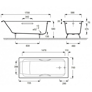Ванна  170х70х56 см чугунная,БЕЗ ножек арт.E4113 и ручек арт.E60327   ZZ Jacob Delafon Parallel E2948-00