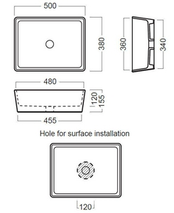 Раковина накладная на столешницу, 500х380хh155мм, прямоугольная, без отв. для смесит.,  11:00 ZZ Hatria Happy Hour YXSL01