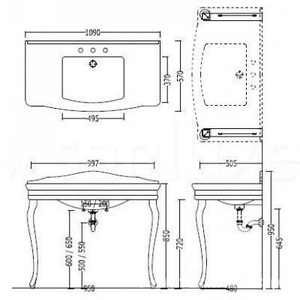 Раковина-консоль 1090х570хh850/950мм, с 3 отв. для смесителя, столешница и ножки 2шт из белой керамики,  ZZ Devon & Devon Colette DECOLETT EBI(3)FGBI