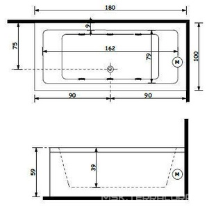 Ванна 180х100хh59см, на каркасе с фронтальной панелью и сливом переливом цв.хром в компл., (акрил),  ZZ Treesse Quadra V0711+V0780F+SIF