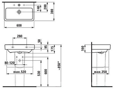 Раковина 60х38см, 1 отв. д/смес., с переливом, LaufenProS ZZ Laufen Laufen Pro S 8.1895.9.000.104.1