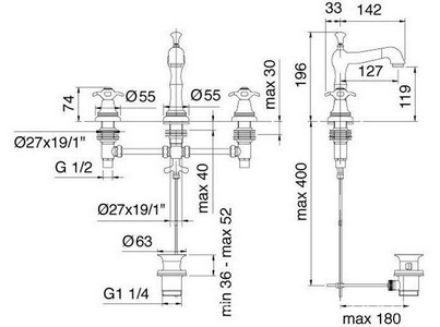 Смеситель для раковины на 3 отв. с д/к (золото),  ZZ 3M Nuova retro 4117 DD