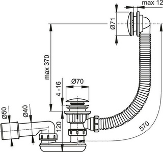 Сифон для ванны, 57 см, Click Clack, металл AlcaPlast Универсал A504KM / A504CKM