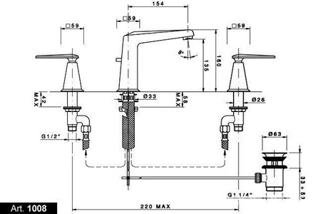 Смеситель для раковины на 3 отв., с д/к, ручки Vincent, (цв.гальван.золото), Nicolazzi ZZ Nicolazzi Margherita-Vincent 1008 GB 28