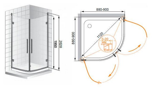 Душевой уголок 900х900хh2020мм, 1/4 круга, R550мм, две распашные двери, (стекло прозрачное с матовым узором, 8мм, фурнит. цв.золото),  ZZ Cezares Retro RETRO-R-2-90-CP-G