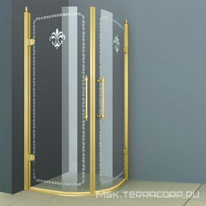 Душевой уголок 900х900хh2020мм, 1/4 круга, R550мм, две распашные двери, (стекло прозрачное с матовым узором, 8мм, фурнит. цв.золото),  ZZ Cezares Retro RETRO-R-2-90-CP-G