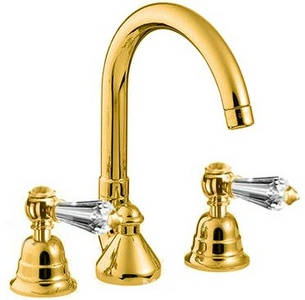 Смеситель для раковины высокий, закругл. излив, на 3 отв., с д/к, с ручками SW - Swarovski, (цв. золото),  ZZ 3M Old italy 4416 DD + 2 ручки SW - Swarovski DD
