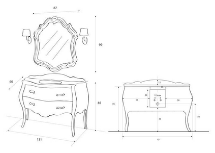 База под раковину, 131х61хh85см, с 2-мя выдв. ящиками, (БЕЗ столешницы арт.CARL04хх и раковины арт.LSOT), (цв. Ciliegio Anticato),  ZZ Cezares Carlotta CARL02.02 Ciliegio Anticato