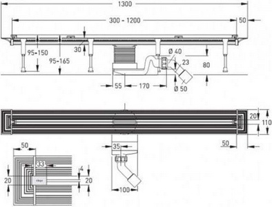 Душевой лоток, корпус укорачиваемый L-300-1200мм, h 95–165мм, готовый комплект, (глянцевая дизайн-вставка нерж сталь, сифон, ножки),  ZZ Viega Advantix Vario 704360