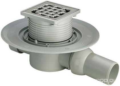 Трап, h=75мм, выход вбок DN 50мм, 0,9л/с, (пластик цв. серый), решетка из нерж.стали 100х100мм, в компл., Viega ZZ Viega Универсал 557119