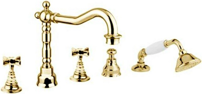 Смеситель для ванны, встраиваемый в борт, на 5 отв., шланг, лейка в компл., (цв. золото), Phoenix ZZ Gaia Princeton RB 880 OR