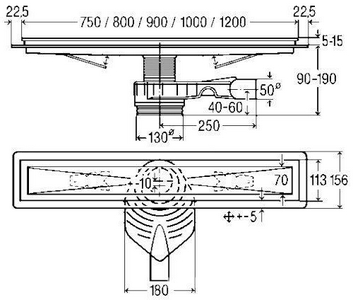 Душевой трап 1000 мм, с решеткой и окантовкой, сифоном, БЕЗ опор арт.619114, мат.хром ZZ Viega Advantix 619084