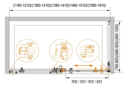 Душевой уголок 1200х900хh1950мм, прямоугольный, сдвижная дверь справа/слева, вход 500мм, (стекло прозр. 8мм, фурнит. цв.хром),  ZZ Cezares Stylus M STYLUS-O-M-AH-1-120/90-C-Cr