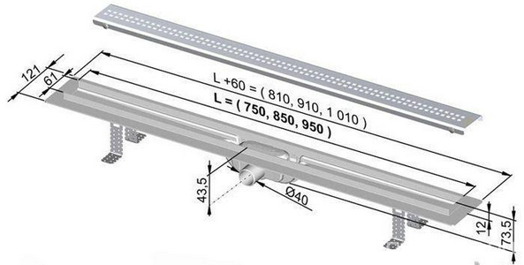 Универсальный водоотводящий желоб 950 мм APZ9-950 мм, с решеткой из нержав.стали ZZ AlcaPlast Simple APZ9-950M