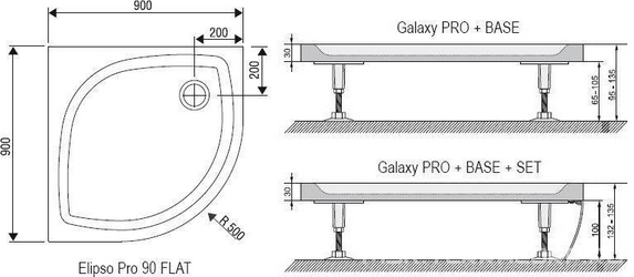 Поддон  100 PRO, 100х100см 1/4 круга R500мм, встраиваемый, для душевой кабины PSKK3-100, белый, без монтажного набора, ножек, панели и сифона,KL Ravak Elipso XA23AA01010/11306