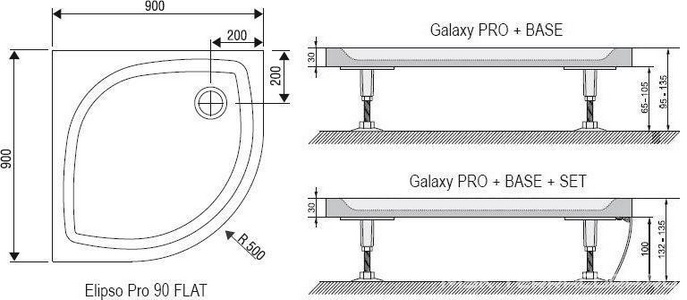 Поддон  100 PRO, 100х100см 1/4 круга R500мм, встраиваемый, для душевой кабины PSKK3-100, белый, без монтажного набора, ножек, панели и сифона,KL Ravak Elipso XA23AA01010/11306