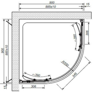 Душевое ограждение 1/4 круга, R550, 900х900хh1950мм, 2 сдвижн.двери, 2 неподв.сегмента, (стекло прозр. Easy Clean 6мм, профиль цв.хром),  ZZ Romance Collection Umea UM.R1.90.SDTG.CR СОВРЕМЕН