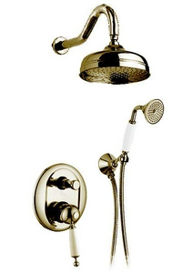 Смеситель для душа, встаив. в стену с переключ., c верхн.стацион. душем 30см, лейка, шланг, кронштейн в комп., (цв. бронз, ручка белая),  ZZ Gaia Canterbury RB 6398/30 BR