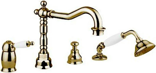 Смеситель для ванны, встраиваемый, на 4 отв., лейка, шланг в компл., (цв. бронза, ручка цв. белый),  ZZ Gaia Canterbury RB6355 BR