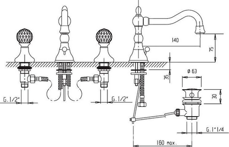 Смеситель для раковины на 3 отв., с д.к, (цв. хром, ручки Swarovski/Металл),  ZZ Cezares Atlantis ATLANTIS-BLS2-01-Sw/M