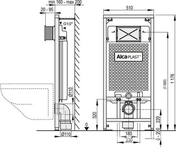 Инсталляция для подвесного унитаза, h=120см., с клавишей М70 цв.белый ZZ AlcaPlast Универсал AM101/1120-3:1 RU M71-0001