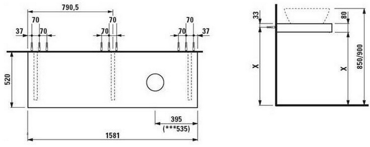 Столешница 1600х520мм, (цв. дуб), отверстите справа, (для раковины арт. 8.1643.2.000.104.1),  ZZ Laufen Living 4.0515.3.075.519.1