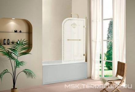 Штора на ванну 815хh1450мм, "Левая", поворотная, с полотенцедержателем, (стекло матовое с прозр./узором, 8мм, фурн/цв.бронза),  ZZ Cezares Retro RETRO-V-1-80/145-PP-Br-R