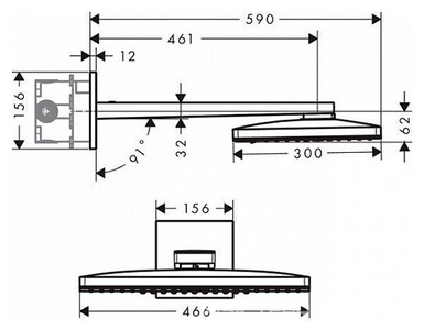 Верхний душ, лейка прямоуг. 466х300мм, стеновой кронштейн 461(590)мм, 3 типа струи, (БЕЗ скрытой арт.01800180), (цв.белый/хром), Rainmaker Select ZZ Hansgrohe Raindance Select 24007400