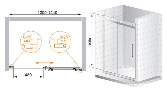 Дверь в нишу 1200хh1950мм, "Правая", сдвижная дверь СЛЕВА, вход 480мм, (стекло прозр. 8мм, фурнит. цв.хром),  XX Cezares Stylus STYLUS-BF-1-120-C-Cr-R