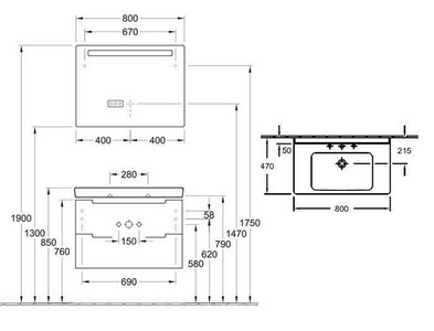 Тумба 787хh520х449мм,для раковин 800мм,(2 выдв.отдел,3 контейн.д/акс,4 алюм.штанги,2стекл.перегор.(цв.DH Glossy White,ручка цв.серебр.мат)ZZ Villeroy & Boch Subway 2.0 A69600DH